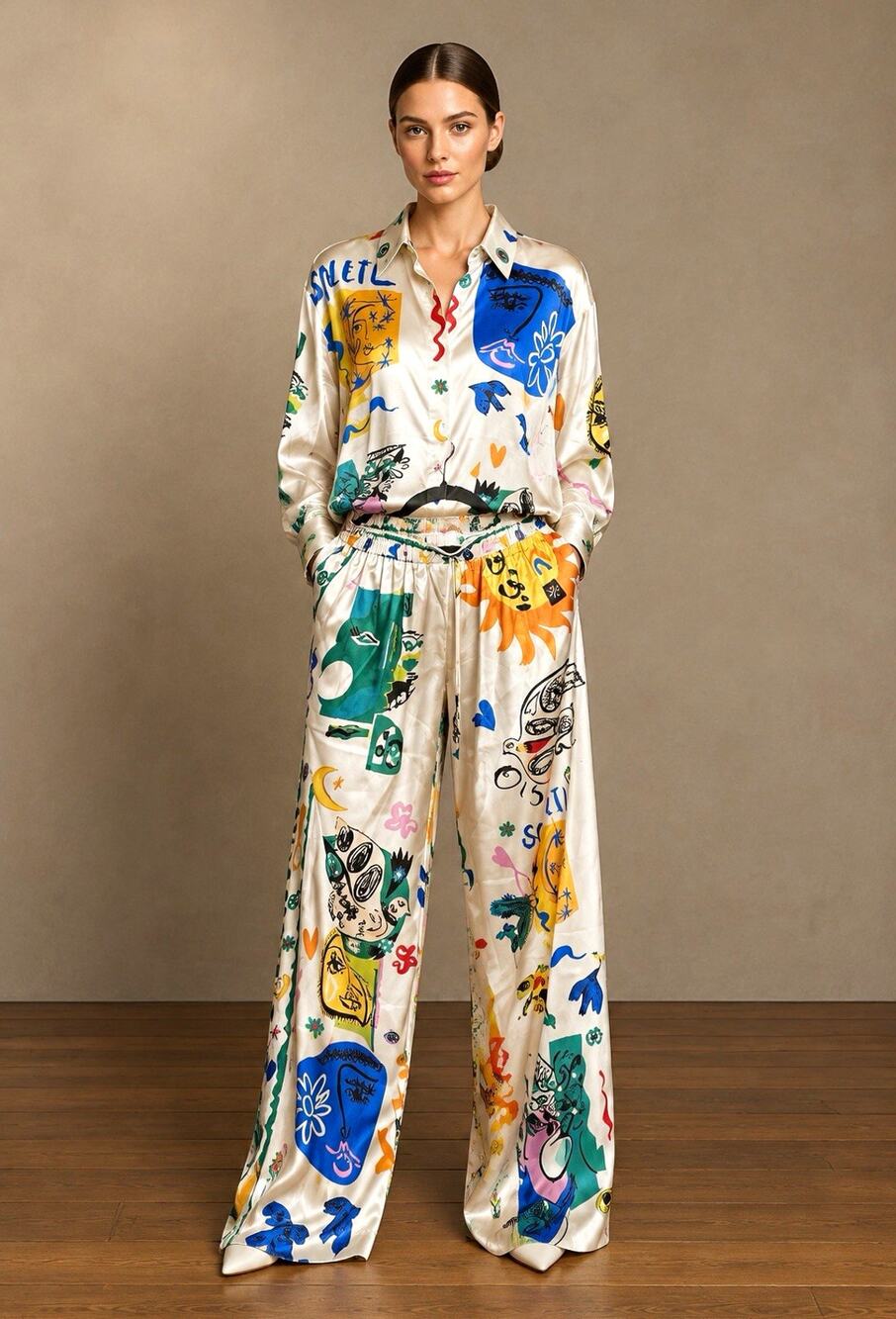 Women’s Satin Graphic 2pc Set Button Collared Blouse Straight Pants M